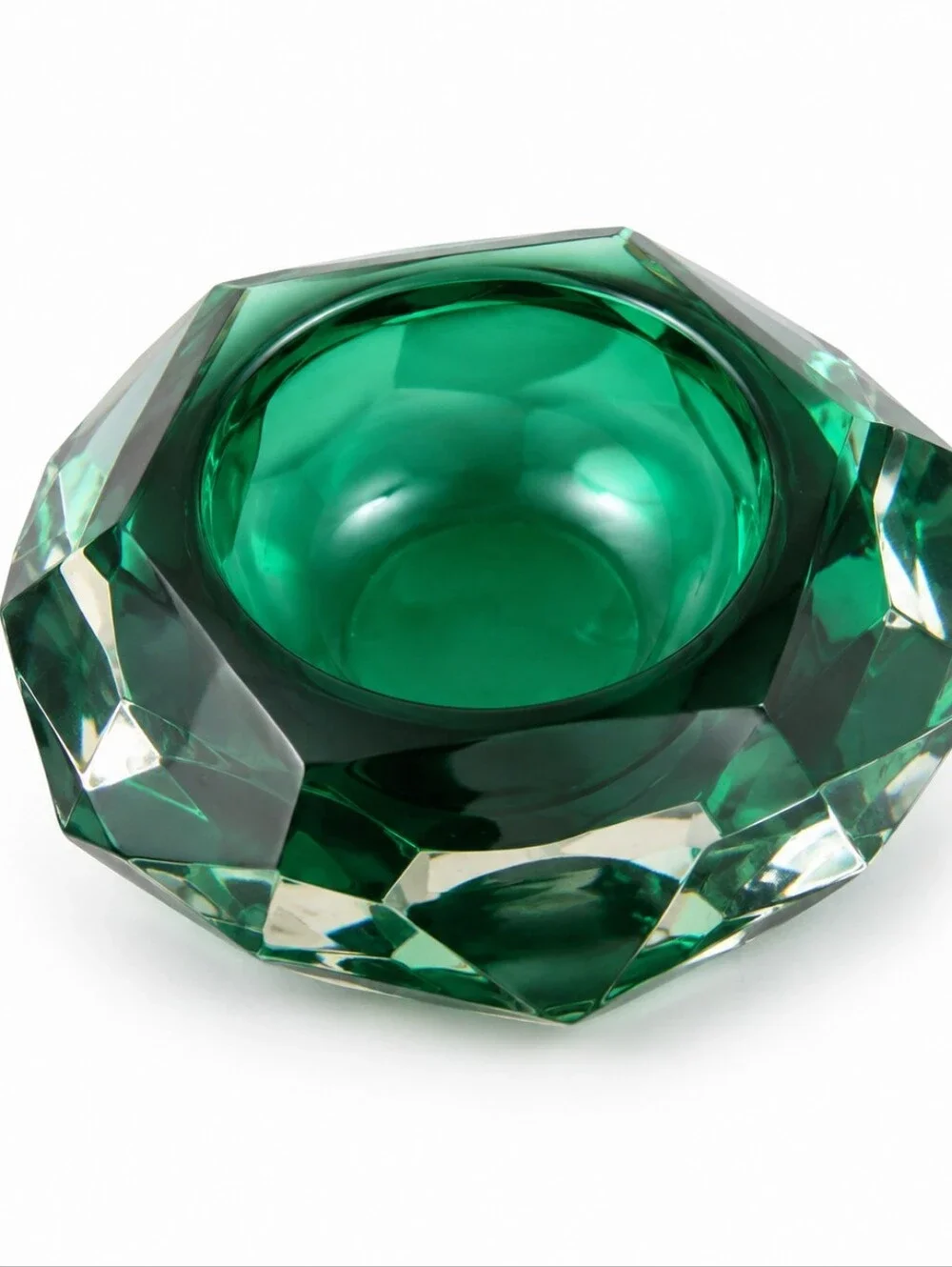 Vintage Emerald Green Faceted Glass Candle Holder Trinket Dish Gemstone Ash Tray
